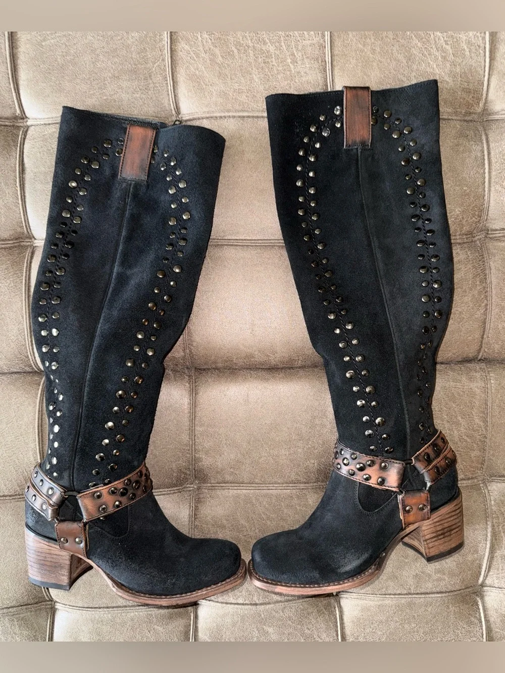 Freebird Daisy Black Suede Over-the-Knee Studded Boots with Brown Harness
